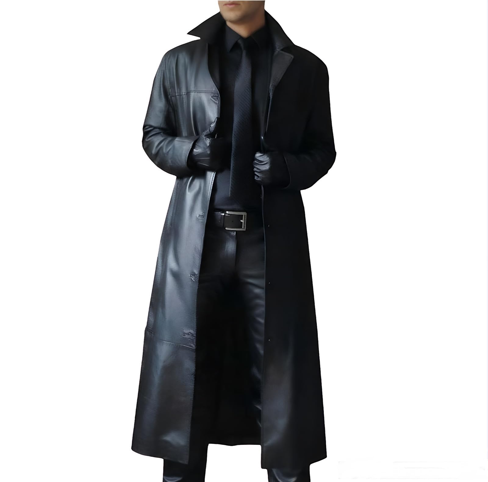 – Men's Trench Coat, Solid Color Pu Leather Full Length Windbreaker Gothic Faux Leather Steampunk Overcoat Casual Outwear Lapel Windproof Motorcycle Button Up Long Trench Coat for Winter