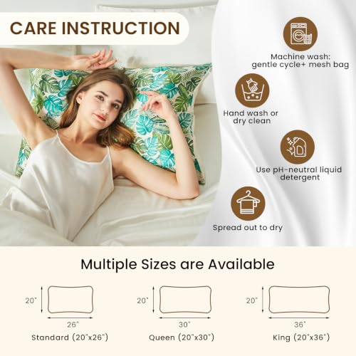 Image of THXSILK Set of 2 Natural Mulberry Silk Pillowcase for Hair and Skin, Mulberry Silk Bed Pillow Cover with Hidden Zipper, Hypoallergenic Organic Silk Pillowcase (King 20 inchx36 inch, Green Monstera Print)
