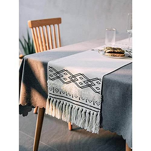 Chemin de table coton lin anti-rayure nappe avec pompon pour protéger meuble TV et table - 6