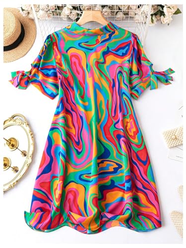 WDIRARA Women's Plus Size Printed V Neck Knot Cuff Short Sleeve Dress Casual Button Front Dresses2