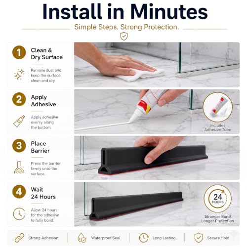 Image of Flexible Silicone Shower Water Dam (1 Meter), Collapsible Shower Threshold & Water Barrier, Self-Adhesive Water Stopper for Bathroom Floors & Kitchen Sinks (Black, 5cm Height)