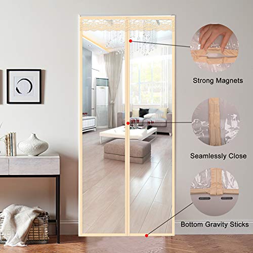 Insulated Door Curtain-Magnetic Thermal Door Cover,Block Draft Out in Winter,Keep Cool in Summer,Hand Free Closure-for Kitchen/Air Conditioner Room/Patio(36 x 82 inch, Beige Transparent Styles)