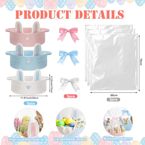 Image of Colingmill 3 Pcs Empty Easter Baskets for Kids 12 x 7.9 x 5.1 Inches Colorful Woven Bunny Baskets for Boys Girls, Easter Egg Hunt, Baby Gift Organizer