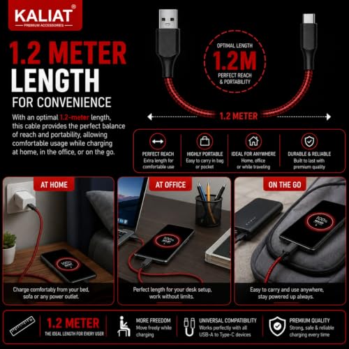 Image of Type C Cable Fast Charging | Warp /Dash Charge Compatible with All OnePlus & Type C Devices | USB A to Type C Cable | Fast Data Sync & Smart Protection Chip for Safe Power Control (RED -100W, Braided)