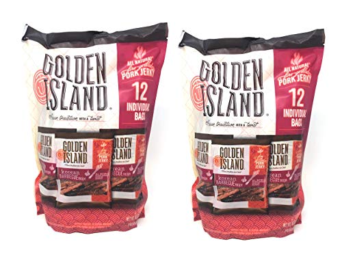 Golden Island Korean Barbecue Recipe Gluten Free Pork Jerky Bulk Pack of 2 Bags - 18 oz Per Bag - 36 oz Total - 12 Individual Snack Packs Per Bag