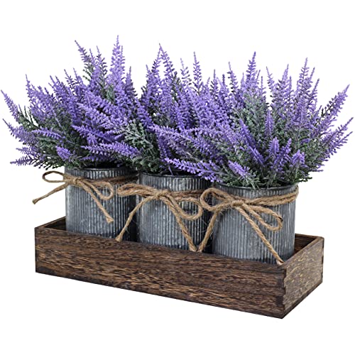 Set of 3 Small Potted Plants Arrangement Artificial Lavender Flower Plants in Rustic Galvanized Metal Pots with Decorative Wood Tray for Farmhouse Table Centerpiece Windowsill Country Indoor Decor