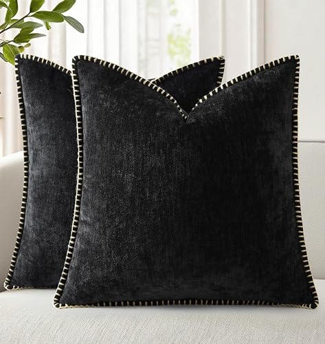 Image of decorUhome Fall Chenille Soft Cozy Throw Pillow Covers 22x22 Set of 2, Modern Farmhouse Boho Velvet Decorative Euro Sham Pillow Cases with Stitched Edge for Couch Sofa Bed Home Decor, Black