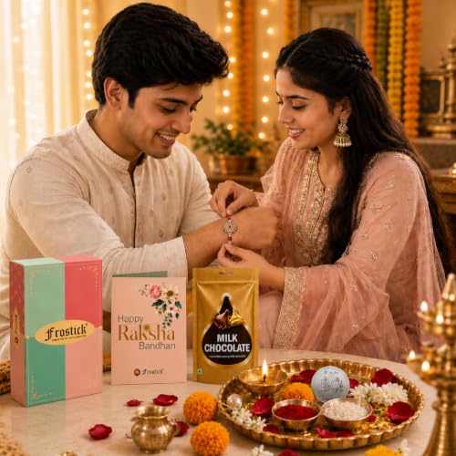 Image of Frostick Designer Rakhi With Branded Chocolate for Bhaiya /Bhai /Brother With Greeting Card, Tilak Chawal and Silver coin (Random Design Rakhi)