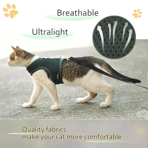 Image of Kitty Harness and Leash for Walking Escape Proof Breathable Mesh Fabric, Solid Green, Small, Adjustable Cat Walking Jackets, Padded Stylish Cat Vest