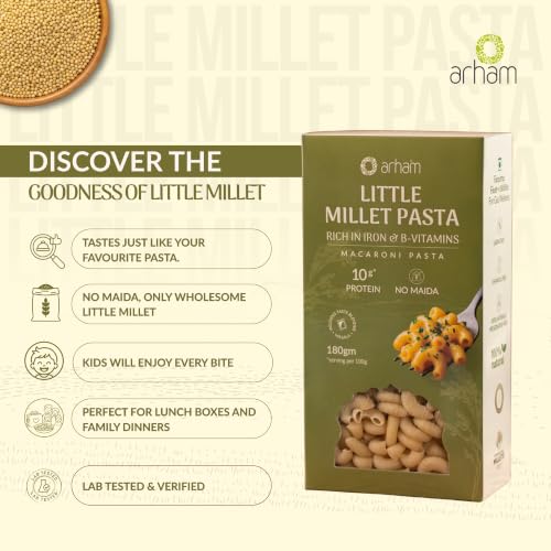 Image of Arham Organic Little Millet Macaroni Pasta 180g | Healthy No Maida Pasta | Non-GMO, No Preservatives | Easy to Cook