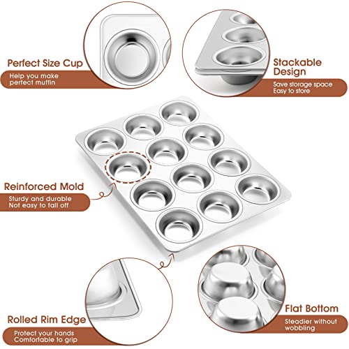 P&P Chef Muffin Pan Cupcake Baking Pan Set Of 2, 12 Cups Muffin Tin Tray, Stainless Steel Muffin Pans Molds For Baking Mini Cake Muffin Tart Quiche, Oven & Dishwasher Safe, Non-Toxic & Heavy-Duty #TOP2