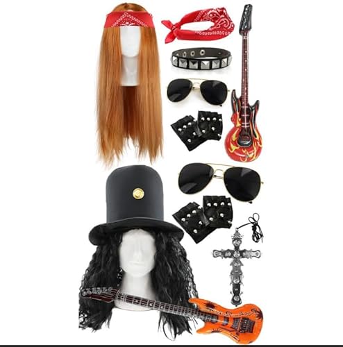 Rockstar Duo Costume Set â€“ 80s Wig, Hat with Hair, Re