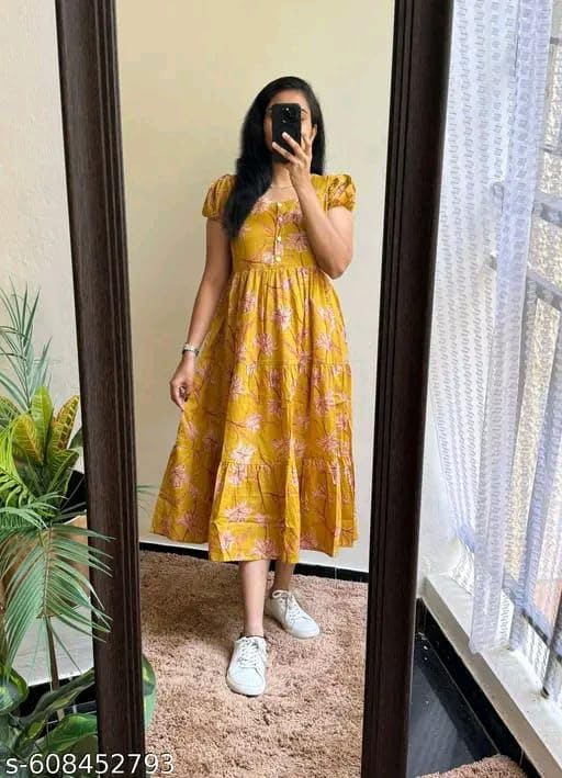 Image of Women's Rayon A-Line Midi Dress, Floral Print, Short Sleeves, Round Neck, Tiered Design