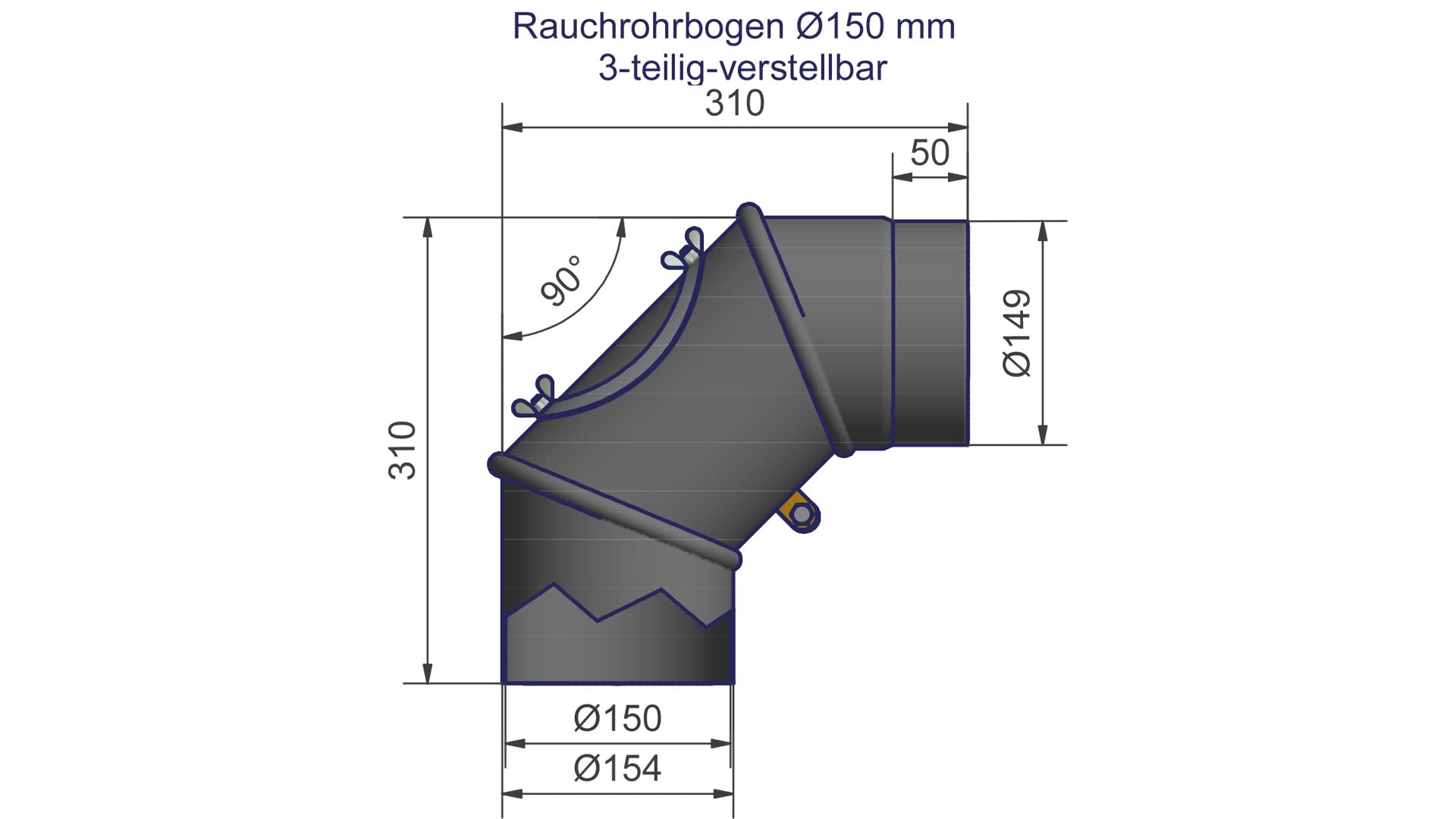 HARK Rauchrohrbogen Ø 150 mm 3-teilig - verstellbar - Graphit