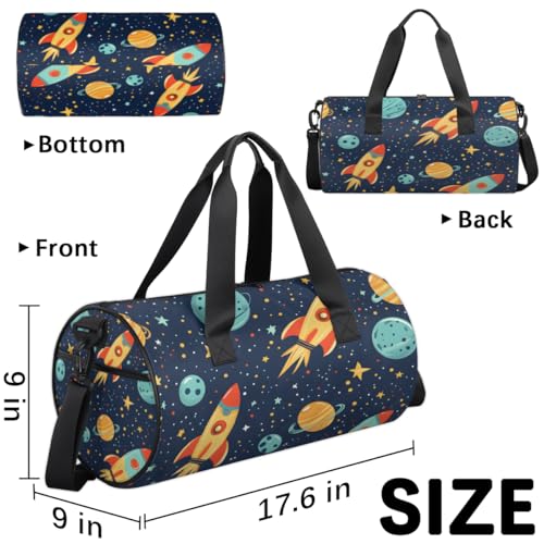 Starry Sky Flying Rocket Round Barrel Sports Fitness Bag, Travel Luggage Bag, Reusable Handbag, Suitable For Men and Women3