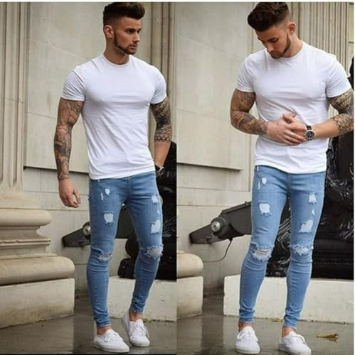 Jeans Pants Trouser Denim Ground White Ripped Street Trendy Washed Blue Small Leg Elastic Tight for Man4