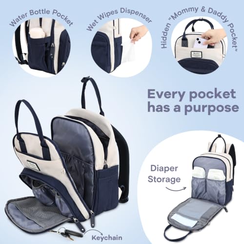 Image of RUVALINO Diaper Bag Backpack-Multifunction Baby Travel Bag with Changing pad, Insulated Bottle Holders & Pacifier Case, Large Capacity, Waterproof, Cream & Blue