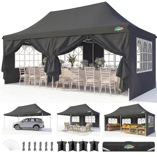 Image of COBIZI 10x20 Pop Up Canopy with 6 Sidewalls, Conical Canopy Tents for Parties, Backyard, Commercial, Waterproof Event Tent Instant Shelter UV50+ Outdoor Gazebo with 4 Sandbags (Peak Drainage)