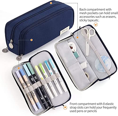 Image of Canvas Large Capacity Pencil Box for Girls & Boys, 3 Compartments Pen & Pencil Pouches, Aesthetic Stationery Pouch for School Kids College Students, Cute Stationary Gift for Children (Blue)