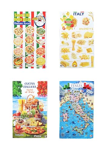 Lot de 4 torchons torchons souvenirs italiens, tissu toile coton, à offrir, utile en cuisine, décoratif, thématiques, fabriqué en Italie, motifs pâtes à...