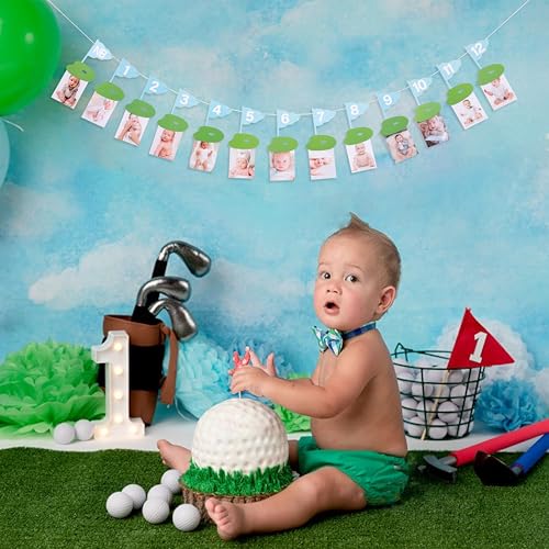 Image of Golf 12 Monthly Photo Banner - Hole In One Monthly Photo Banner,Newborn To 12 Months Banner,Baby's First Year Golf Themed Birthday(blue)