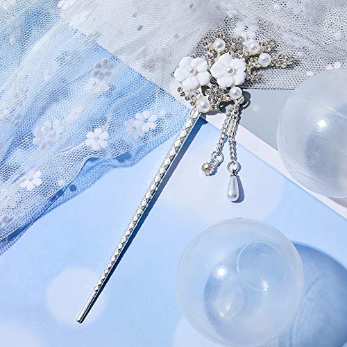 image for Chuangdi 2 Pieces Rhinestone Pearl Flower Hair Stick Vintage Chinese H