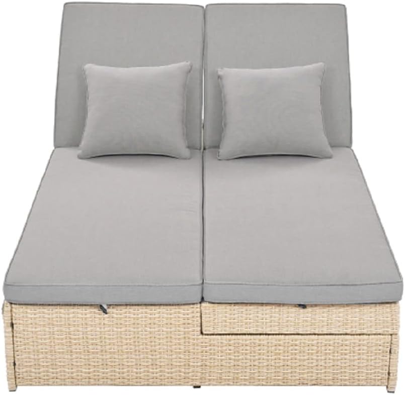 Outdoor Brown Double Sunbed Patio Reclining Chairs in Wicker Rattan