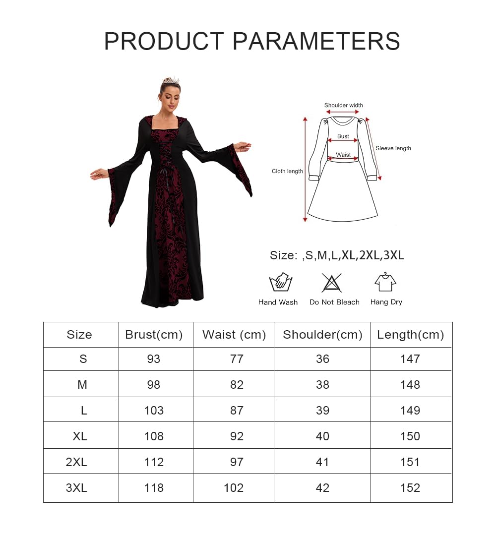 Feynman Women's Retro Medieval Dress with Trumpet Sleeves, Medieval Victorian Queen Dresses, Renaissance Gothic Maxi Dress - Image 3