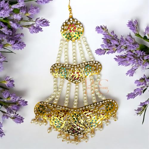 Image of Gold Look Copper Jadau Wedding Jhumar Passa Multi Color stone with White Perl Beads | Jhoomar Maang Tikka for Women