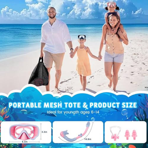 Set de Snorkel para Niños de 6 a 14 Años, Máscara Anti-Vaho con Tubo Seco, Lente Panorámico de Vidrio Templado, Falda de Silicona, Bolsa de Malla – Equipo de Snorkeling para Niños y Niñas miniatura 6