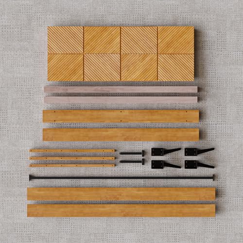 Image of Bme Rhombus Queen Bed Frame - Solid Rubber Wood with Geometric Rhombus Headboard, Teak Brown Finish, Scandinavian Modern Platform Bed with Sturdy Slats & Metal Legs, No Box Spring Needed