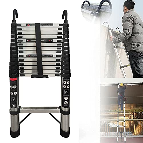 Royalswill Escada telescópica dobrável de 4,4 m, escada extensível com 2 ganchos, escada de aço antiderrapante multiusos, 14 degraus, escada extensível telescópica, 150 kg de carga