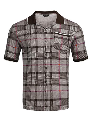COOFANDY Men's Casual Plaid Short Sleeve Polo Shirt Ribbed Collar Button Down Polo,Yellow,Medium