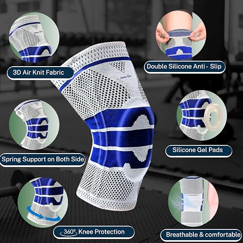 Wonder Care Opaska kompresyjna na kolano, dzianinowa konstrukcja 3D z żelową podkładką i stabilizatorami bocznymi, rękaw na kolano na bóle kolana, trening, bieganie, rozdarcie łąkotki i pooperacyjna