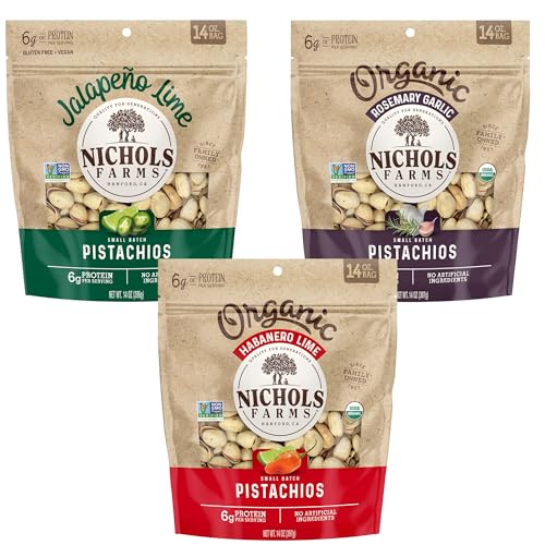 Nichols Farms InShell California Pistachios, Healthy Protein Snack, Flavored Bundle, 14oz (Pack of 3)
