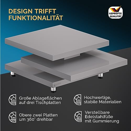 Casaria® Couchtisch New York 72x72cm Wohnzimmertisch Grau Hochglanz Design Modern 360° drehbare Tischplatte höhenverstellbare Füße MDF Sofatisch Cube – Bild 5