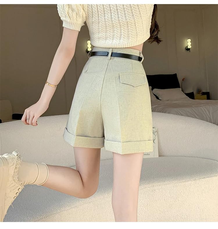 Pantalones cortos de cintura alta para mujer, para primavera, verano, casuales, acampanados, pierna ancha, albaricoque, S