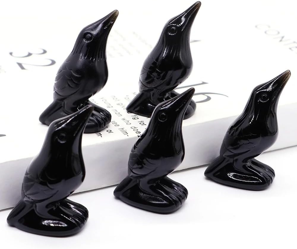 Crystal Crow Statue Obsidian Stone Carving Halloween Decoration Gift (Color : Flame, Size 3pcs)