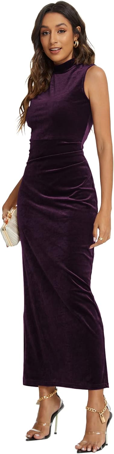 Capuffy Women Backless Velvet Maxi Dress Back Slit Ruched Bodycon Formal Dress High Neck Cocktail Party Dress 091 - Image 4