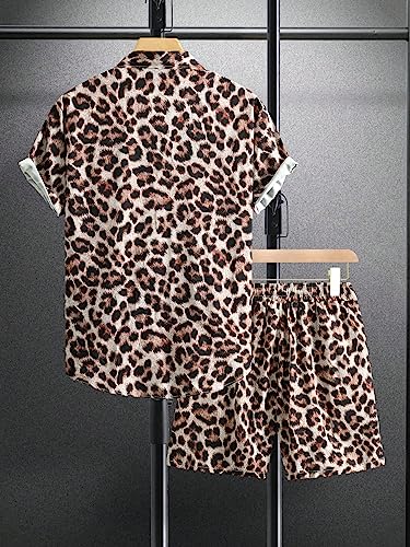 WDIRARA Men's 2 Piece Leopard Print Outfit Button Up Collared Short Sleeve Shirt and Drawstring Waist Shorts2