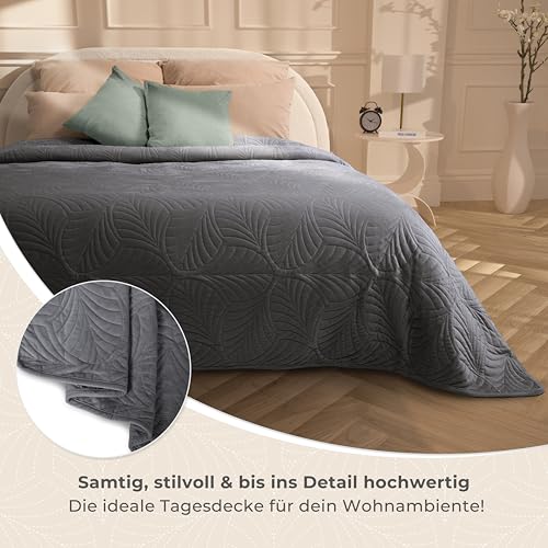 Gräfenstayn Premium Tagesdecke 170x210 cm – Bettüberwurf mit Nahtloser Steppung & Blatt-Design – Samt-Decke – weich… – Ansicht 4