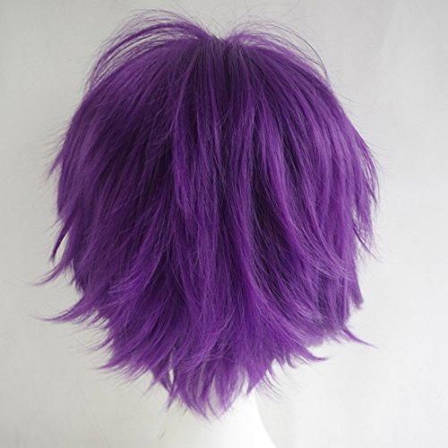 Image of LABEAUTE Short Purple Anime Wig Male Men Anime Fluffy Lavender Cosplay Wigs With Bangs Unisex Heat Resistant Hair for Party Halloween + Free Cap
