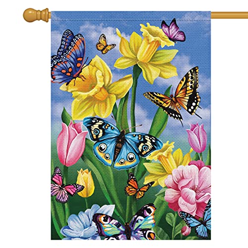 Louise Maelys Spring Garden Flag 28x40 Double Sided Vertical Burlap Large Butterfly Floral Flower Welcome Yard House Outside Outdoor Summer Decoration