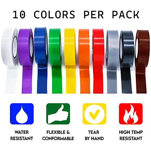 Colored Electrical Tape, 10 Extra-Large Rolls, .75 In X 66 Ft, Bulk Waterproof Electric Tape For Color Coding Wire Insulation, Thin Weatherproof Cable Tape, Indoor & Outdoor Electrical Wire Tape #TOP1