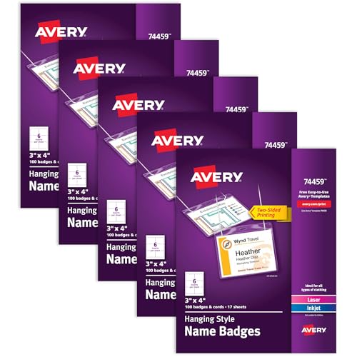 Image of Avery Customizable Name Badges, Includes Cords, 3 inch x 4 inch, Laser /Inkjet Printable Inserts, 100 Name Tag Holders per Pack, 500 Total (5 Packs of 74459)