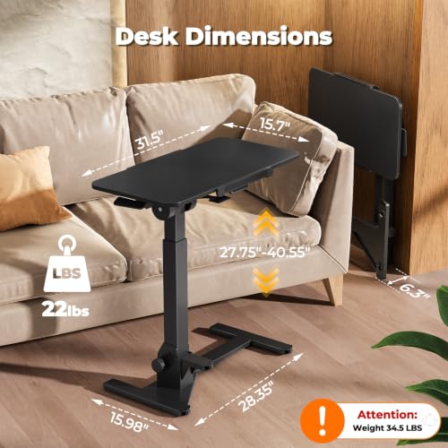 Image of JOY worker Foldable Overbed Bedside Table, 180 Tiltable Mobile Standing Desk with Wheels, 31.5 inch Pneumatic Height Adjustable Rolling Laptop Desk for Home & Hospital Use, Easy Storage, Black