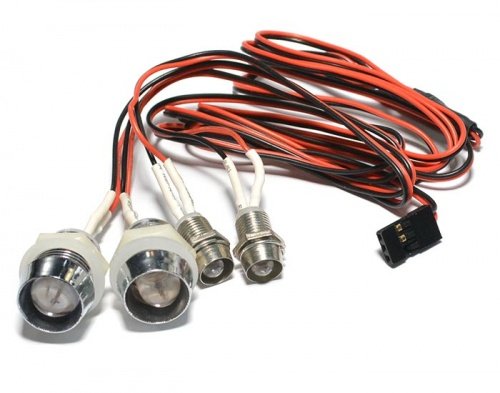 LED Lights for Your RC Vehicle. 2 White 10mm and 2 red 5mm LEDs with a JR Male Plug for Direct Plug in to Your Receiver. Super Bright from RC Lighthouse