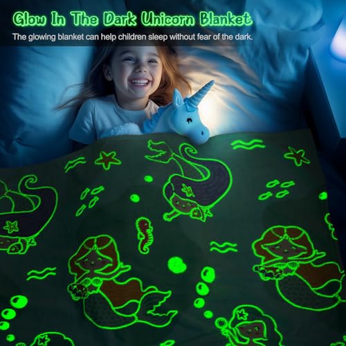 Image of Mermaid Toys Gifts for Girls Kids - Glow in The Dark Ocean Blanket Best Birthday Christmas Valentines Easter Decor Presents for for Age 1-14 Years Old Teens Child Toddler Daughter Soft Throw 50 inchX60 inch