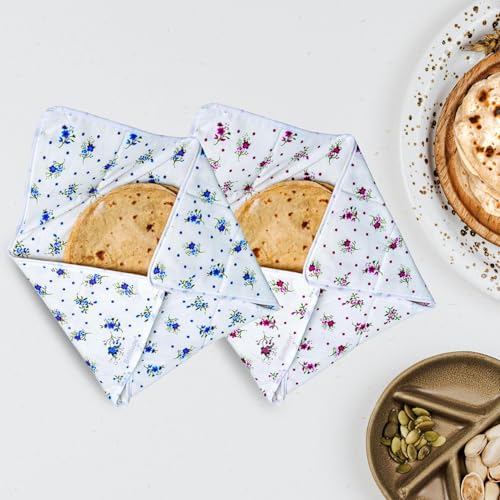 Image of Solitdue Set of 2 Floral Print Roti Chapati Cover | 100% Cotton Traditional Roti Rumals to Keep Roti /Chapati Fresh | Tortilla Covers for Kitchen