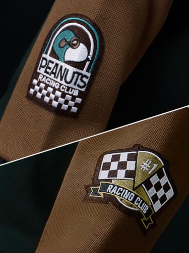 Image of The Souled Store Peanuts: Speed Club Men and Boys Full Sleeves V-Neck Dark Green and Brown Graphic Printed Applique Cotton Polyester Blend Oversized Fit Casual Sweatshirt